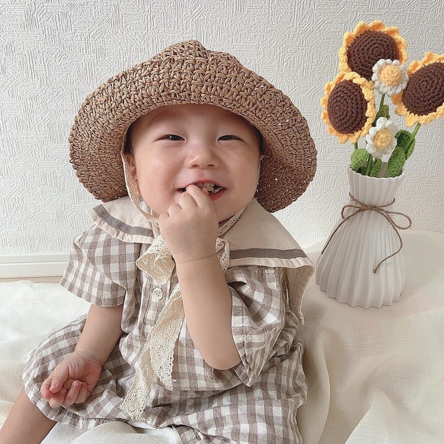 lace straw hat 〝khaki〟｜ストローハット 帽子 レース ベビー キッズ 夏