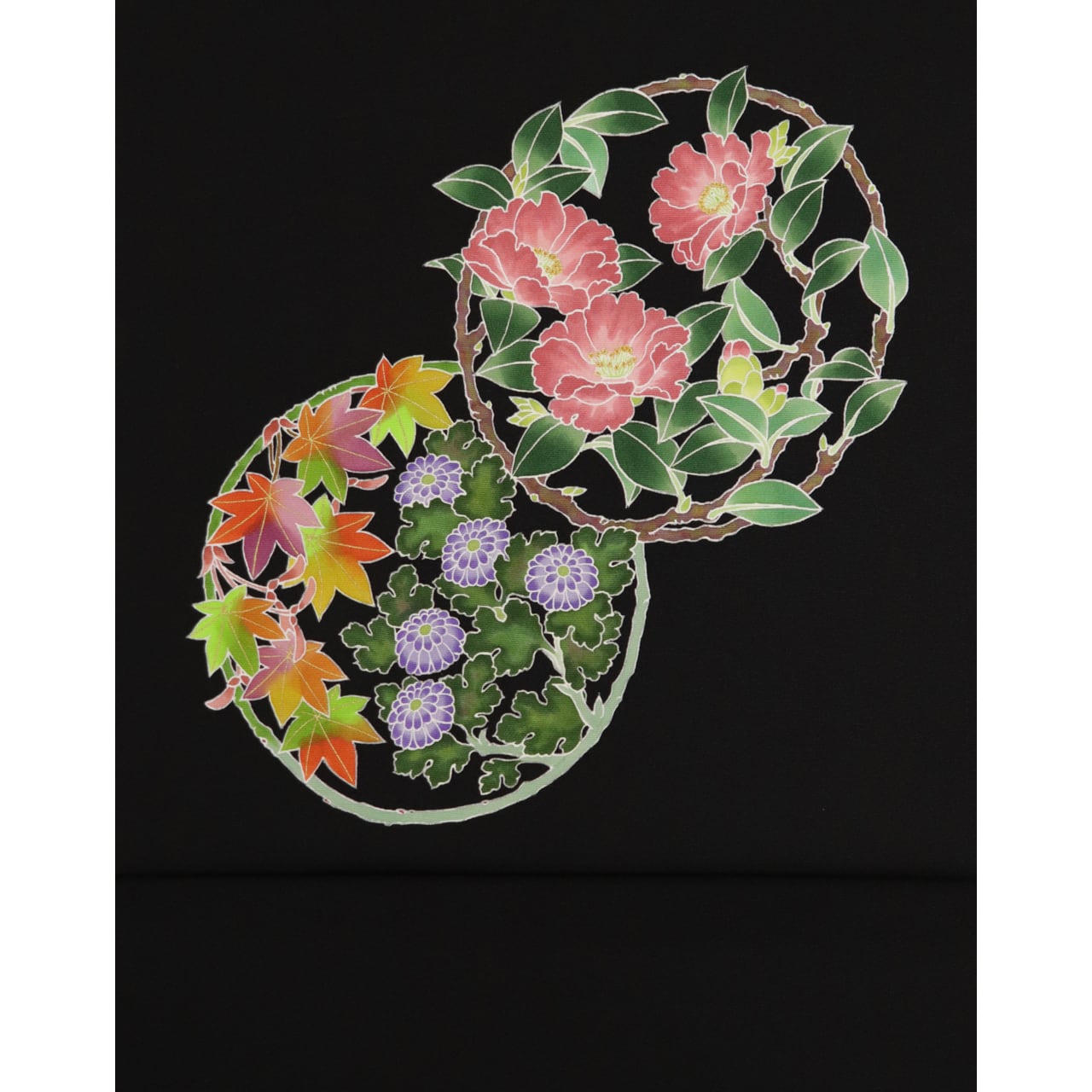 手描き友禅 染名古屋帯「花丸紋/山茶花・紅葉・菊」