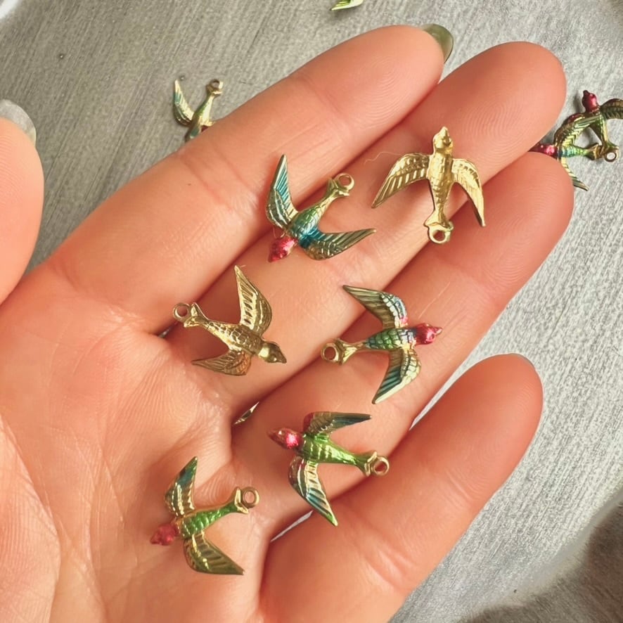 60s ヴィンテージ ハンドペイント鳥モチーフメタルチャームパーツ（2個