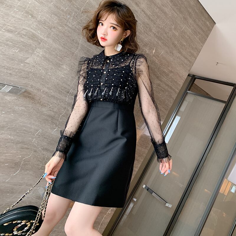 メッシュAラインドレス オータム 秋物 シルク ステッチ MIUCO47380271746