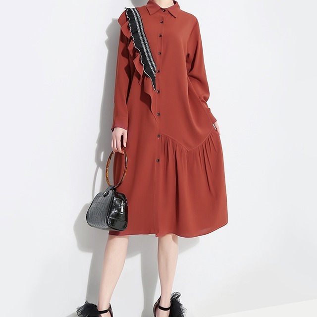 ワンピース レディース 送料無料 2色 フレア シャツワンピース  フレア ミディアム丈 ひざ丈 長袖 無地 ミディアムワンピース フリル ライン バイカラー アシンメトリー リラックス こなれ感 スタイル 小顔見せ 着痩せ 体形カバー インスタ トレンド きれいめ エレガント ルーズ カジュアル キュート フリル ギャザー シャーリング ゆったり フレア  大人かわいい 上品 無地  ブラック 黒 モノトーン ゆる ドレープ ふんわり ボリューム ティアード デート お出かけ 大きいサイズ プラスサイズ