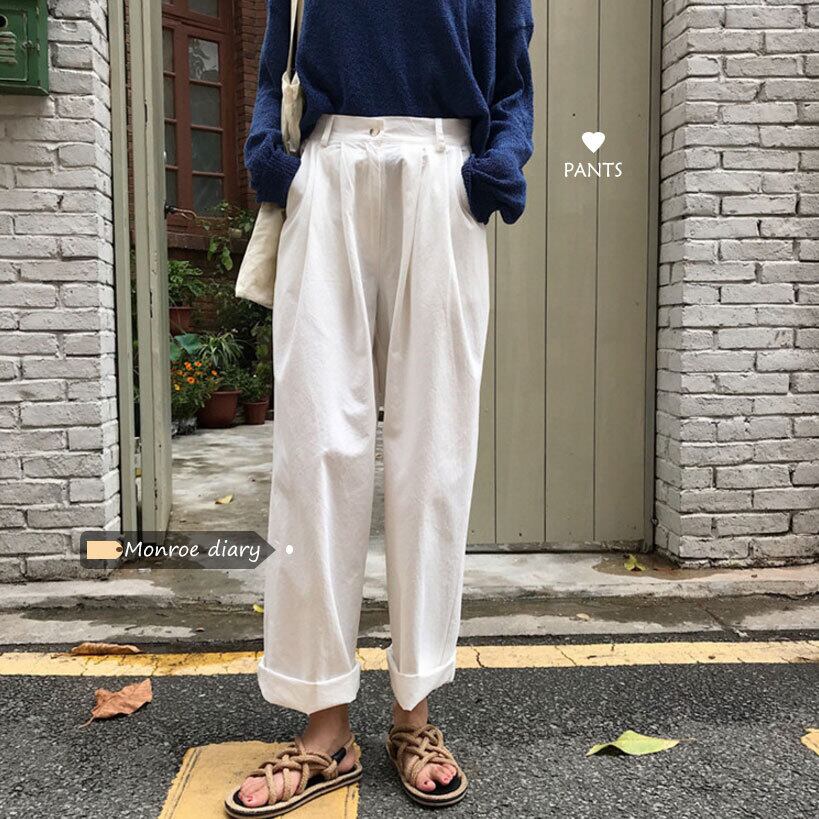 スプリングオータムルーズワイドレッグパンツ ウェストホワイトカジュアルサマー 春物 夏物 秋物 ワイドパンツ モンロー3206001