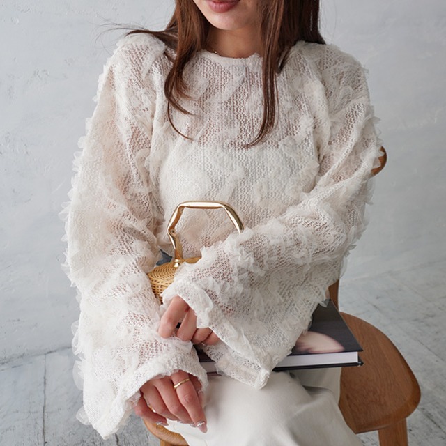 （Z10）デザインチュールフリルメッシュシアープルオーバー