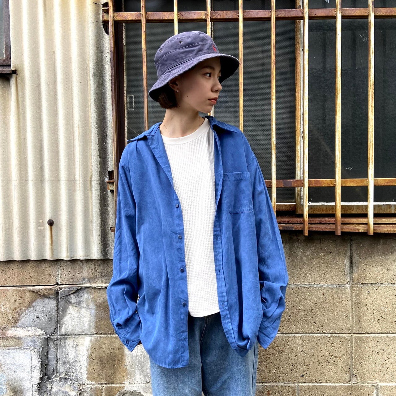 ALFANI 長袖 フェイクスエードシャツ メンズL 古着 ブルー 青【長袖
