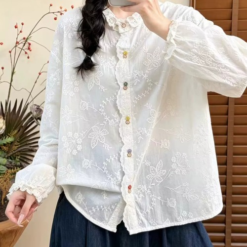 3色/Wボタンボタニカル刺繍ブラウス ・12480