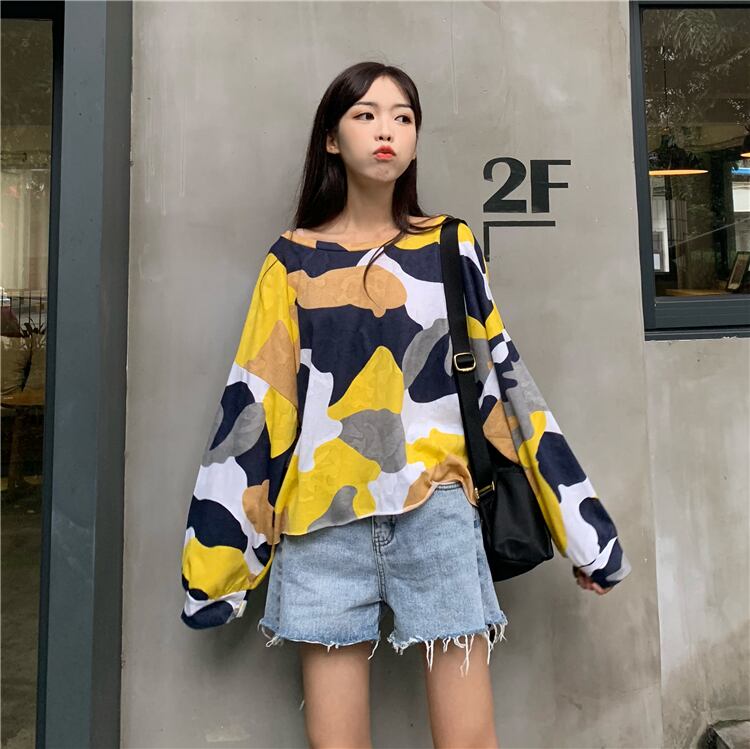 Tシャツ ルーズカラー迷彩プリント柄ラウンドネック長袖 長そで