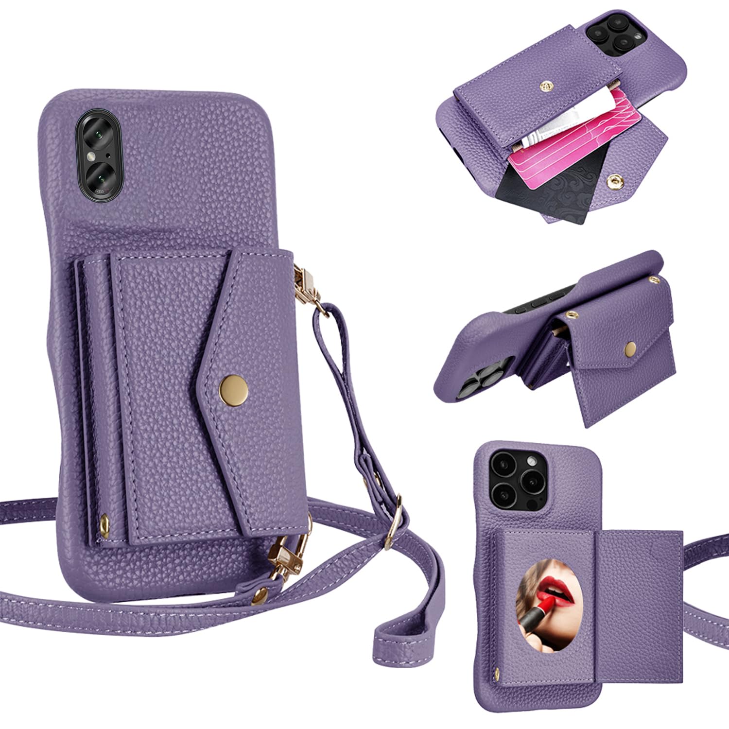 For Xperia 5 V ケース 手帳型 背面 カード For エクスペリア5V SO-53D/SOG12 ショルダー ミニメイクミラー付き 背面カード収納 スタンド機能 PUレザー 横+縦 2掛け方 調整可能ショルダーベルト 耐衝撃 おしゃれ 財布型 パープル