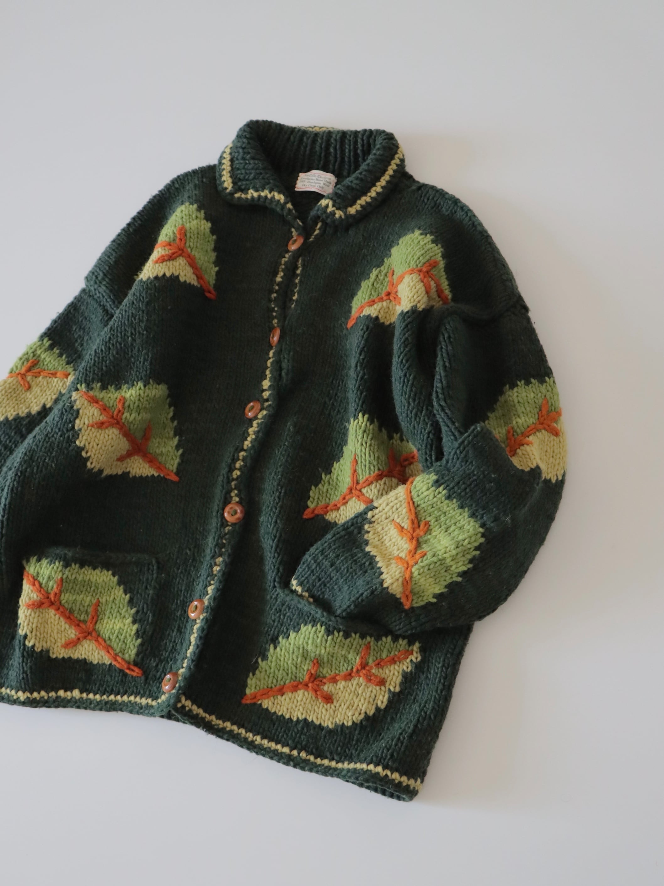 ●Hand made wool 100% leaf knitted design green color knit coat