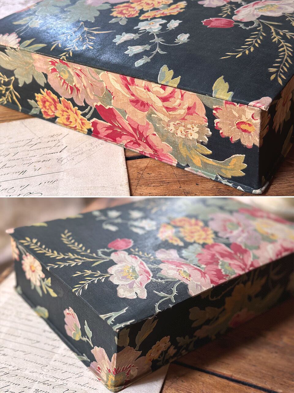 フランスアンティークカルトナージュドロワーフローラルメダリオン2個set 2段式カルトナージュ ブラック×フラワー | Brocante de La