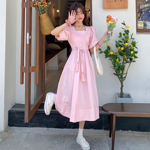 ウェストロングスカート ドレス サマーカラースリーブプリーツ レース 夏物 レースアップ スクウェア 萌量不足56679828498