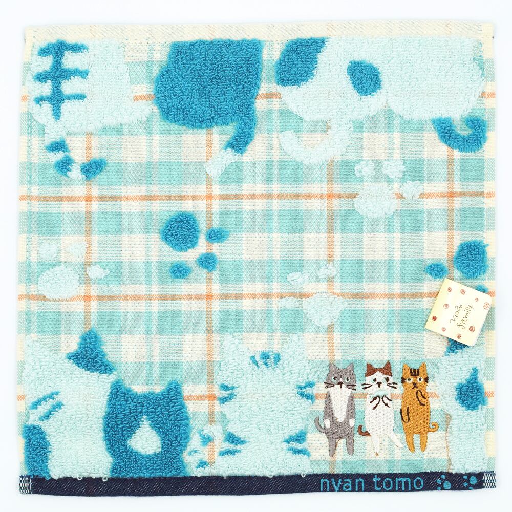 猫タオルハンカチ(にゃんとも)ミントグリーン | マスノヤ衣料品店