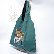 Jubilee 犬デザイン刺繡コーデュロイトートバッグ グリーン