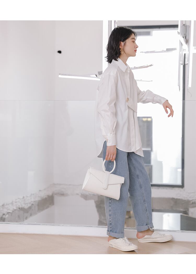 ホワイト 無地 シンプル アシンメトリーヘム 長袖 白シャツ ボタン