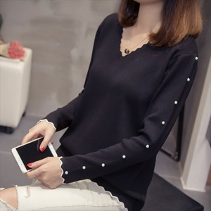 【送料無料】 セーター  長袖  カジュアル系  大人可愛い  きれいめ  エレガント  無地  シンプルデザイン  ビジュー装飾 こなれ感  Vネック  スカラップ  レディースファッション  可愛い  大きめ  プラスサイズ  韓国  プチプライス  30代・40代  冬  お出かけ