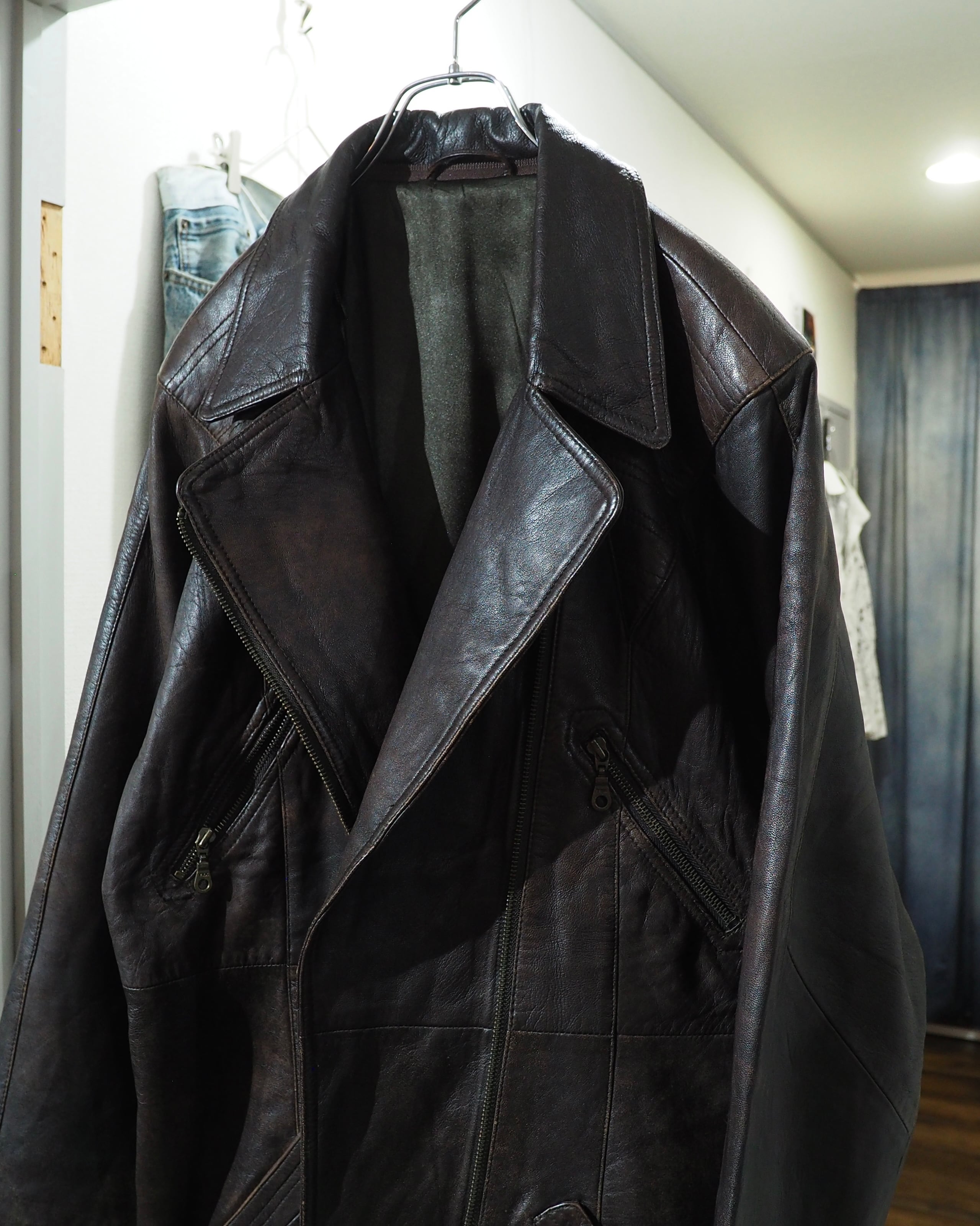 1990s " 変形 " Diagonal Zipper Design Vintage Lamb Leather Jacket