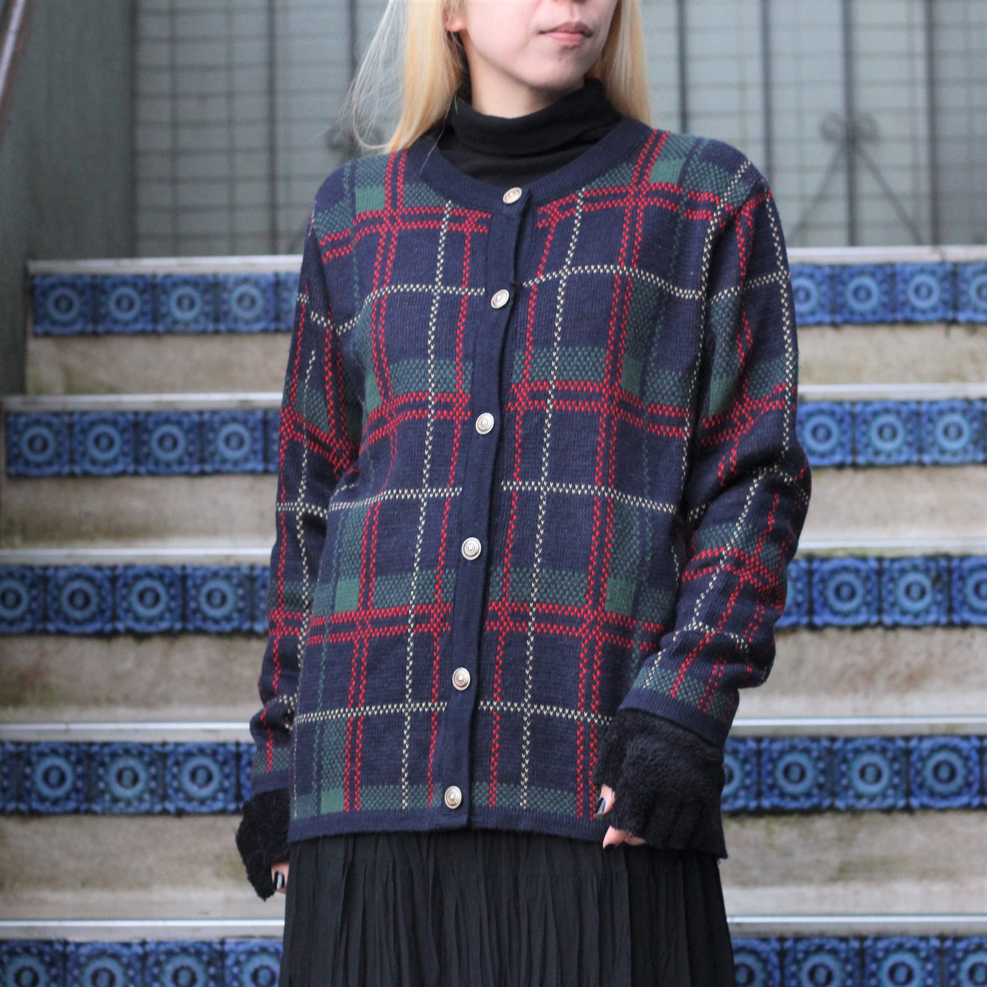 USA VINTAGE east west CHECK PATTERNED WOOL CARDIGAN/アメリカ古着