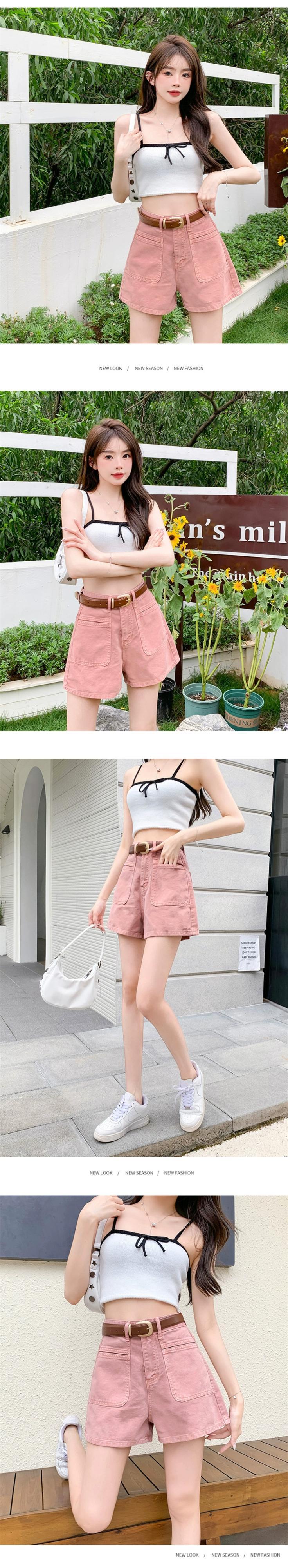 ピンクデニムショートパンツレディース夏見え細身ハイウエストAライン