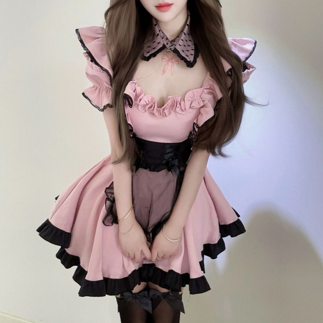 〔メイド〕ピンク×ブラック フリルメイド風コスチュームセット