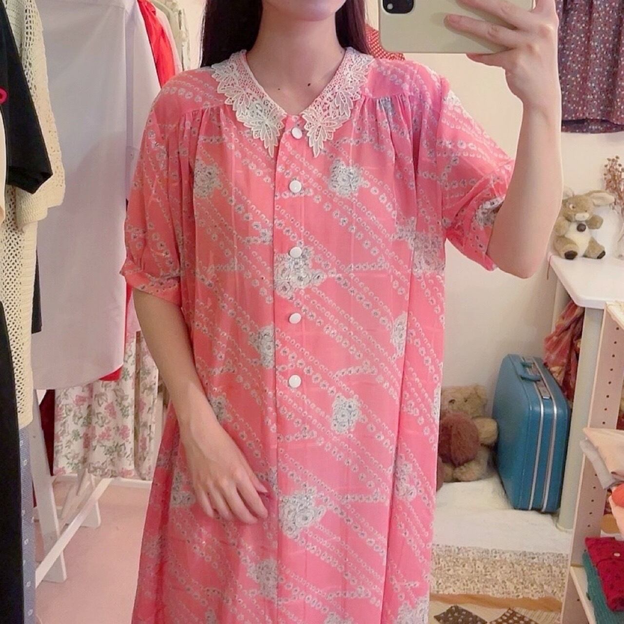 lace collar vivid pink one-piece