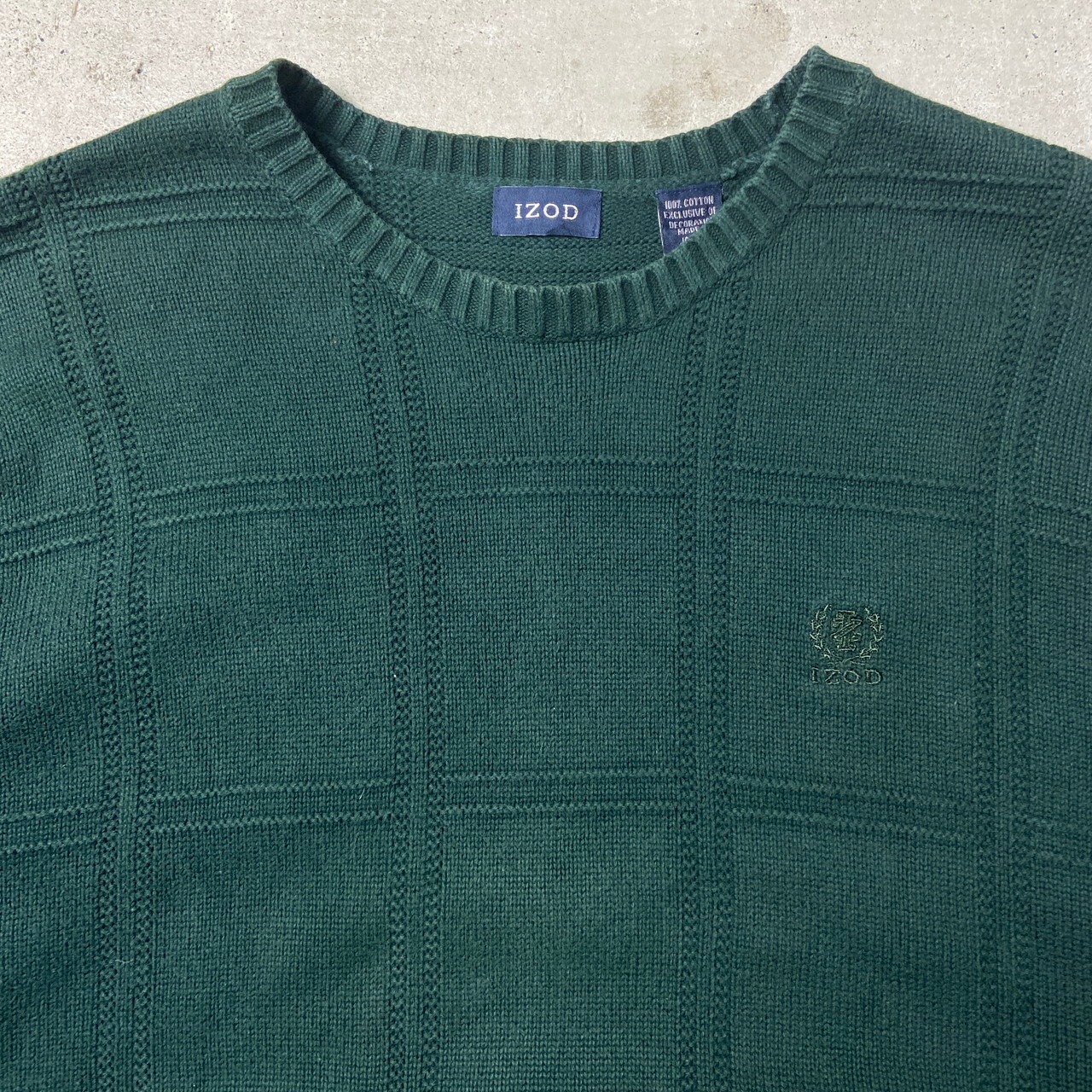 IZOD 格子柄 コットンニットセーター メンズXL 古着 ワンポイントロゴ 