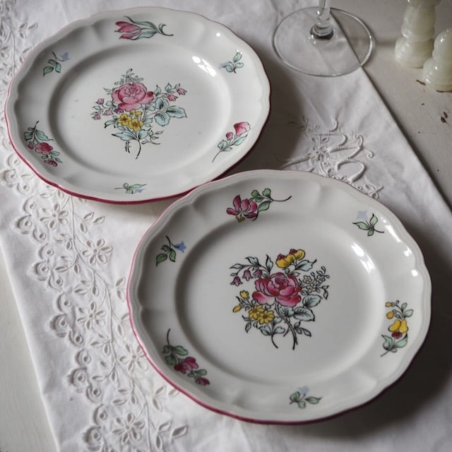 【Petite Chance】2枚組・1892年 リュネヴィルのデザート皿・バラ柄 "Réverbère"