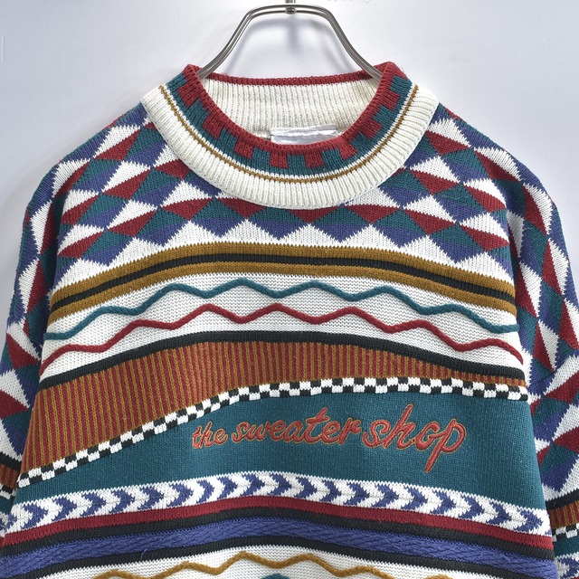 90s イングランド製 the sweater shop 総柄 3D プルオーバー ニット セーター ヴィンテージ クージー風 ビンテージ メンズXL相当