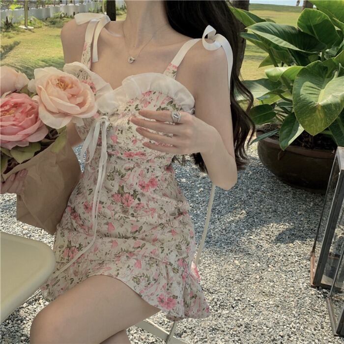 スカート サマースタイルスタンダードVネックフローラルウェストドレス レトロ 夏物 花柄 ドラファッションホール42715865863