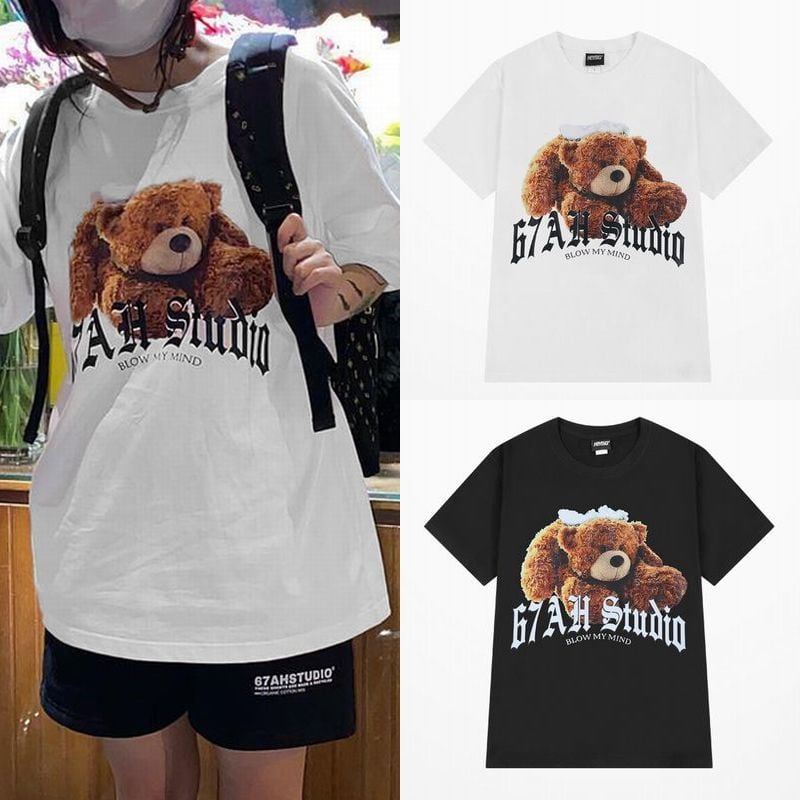 ドッグ プリント Tシャツ 2色 ルーズ ユニセックス 韓国 cr9846 ユニセックス Tシャツ 半袖 クマ ベアー プリント クルーネック