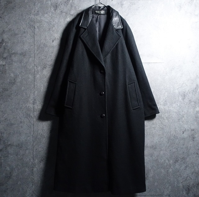 90s “RUSSELL SCOTT” Black Leather Collar Switching Design Long Wool Coat