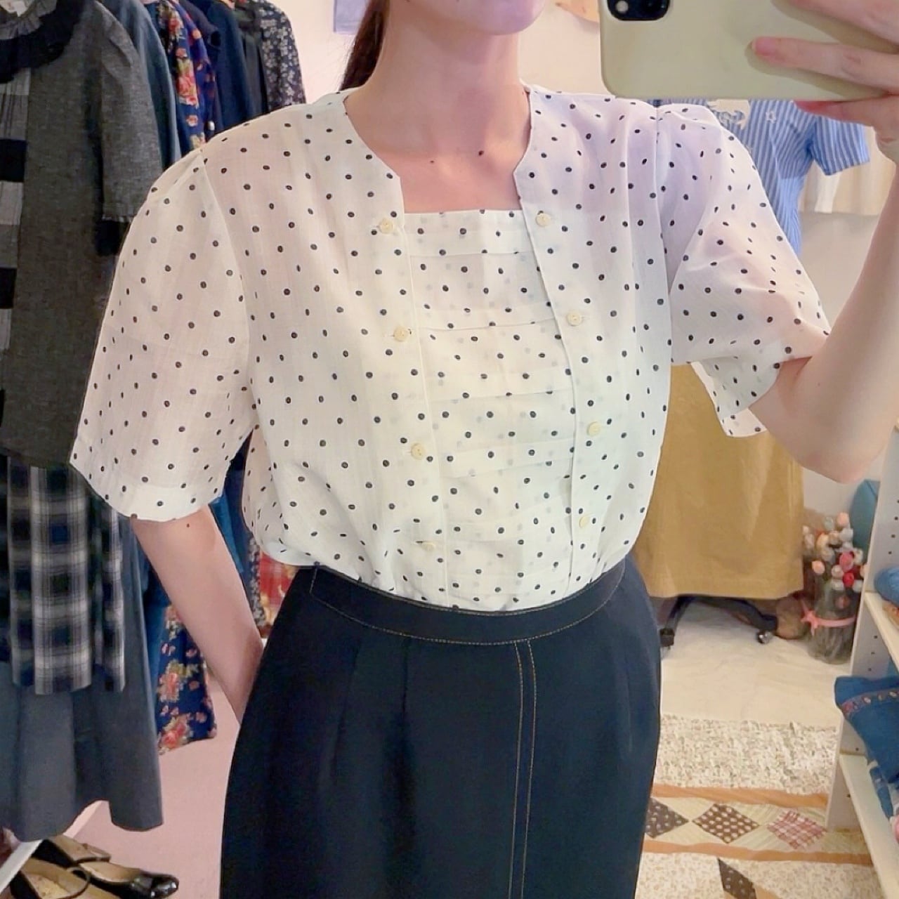 tuck double button dot blouse