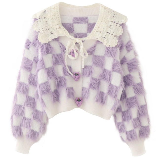 Grape button block check knit cardigan 00297