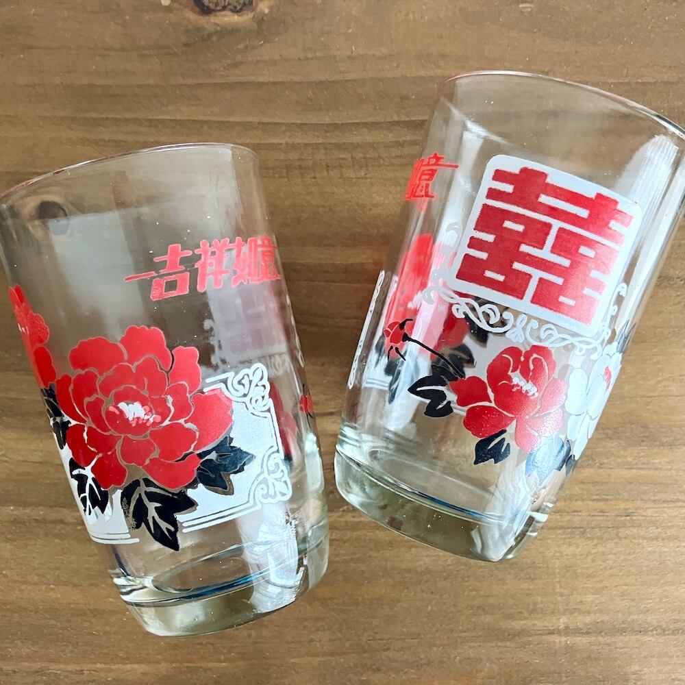 レトロチャイナ皿|赤い牡丹のグラスとスプーン チェーset