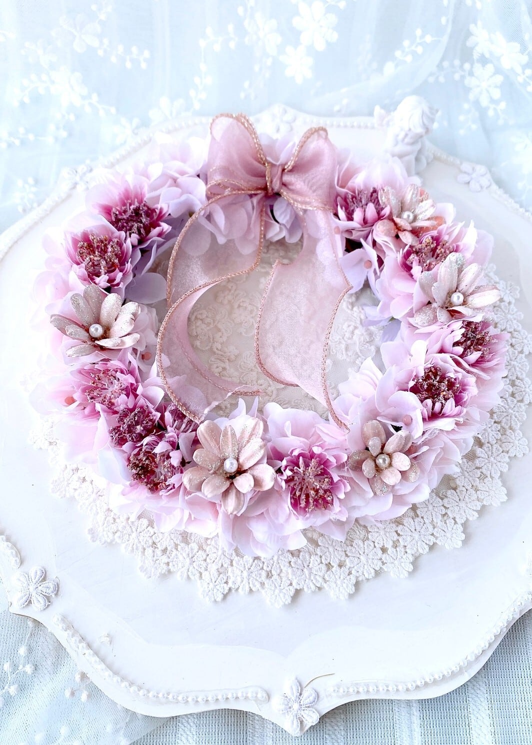 やさしいナチュラルリース 【WR-008】径20㎝│オーガンジーリボン付き│ギフトBOX入り|贈り物に│ナチュラルインテリア