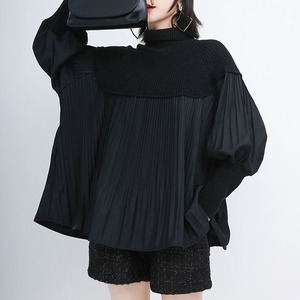 TURTLE NECK KNIT STITCH ACCORDION PLEATS SHIRT 2colors M-11791