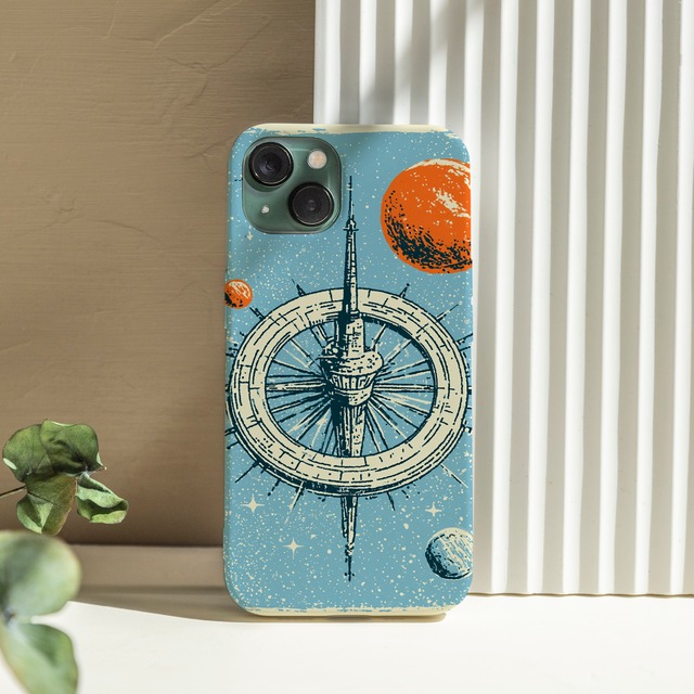 受注生産 iPhoneケース コンパスと惑星のレトロ宇宙柄｜宇宙ポスター風 RFSP051C