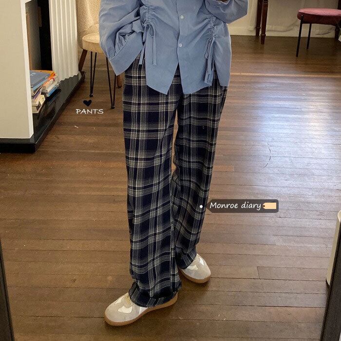 スタンダード格子柄パンツ ハイウェストウェスト薄手ルーズカジュアル レトロ モンロー11714025210