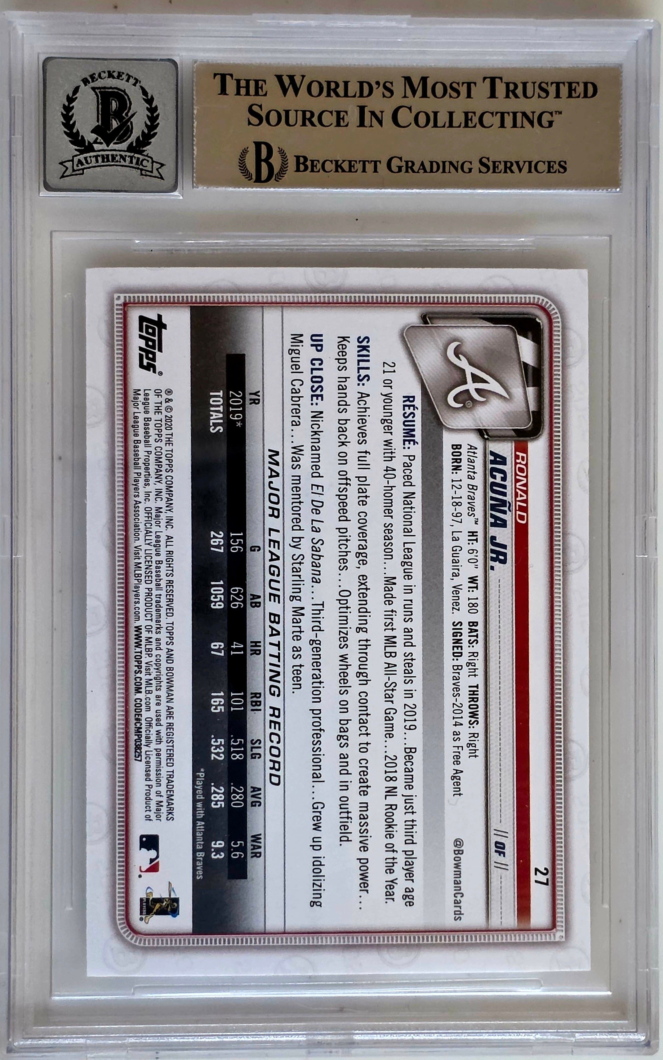Beckett AUTHENTIC / AUTO 10】ロナルド・アクーニャJr. | 2020 Bowman