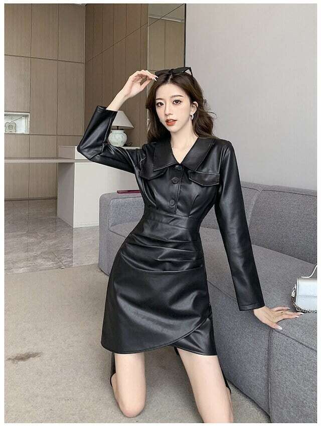【韓国ファッション】ミニワンピース 長袖 フェイクレザー フェイクレザーワンピース ミニ丈 長袖 モード エレガント E549