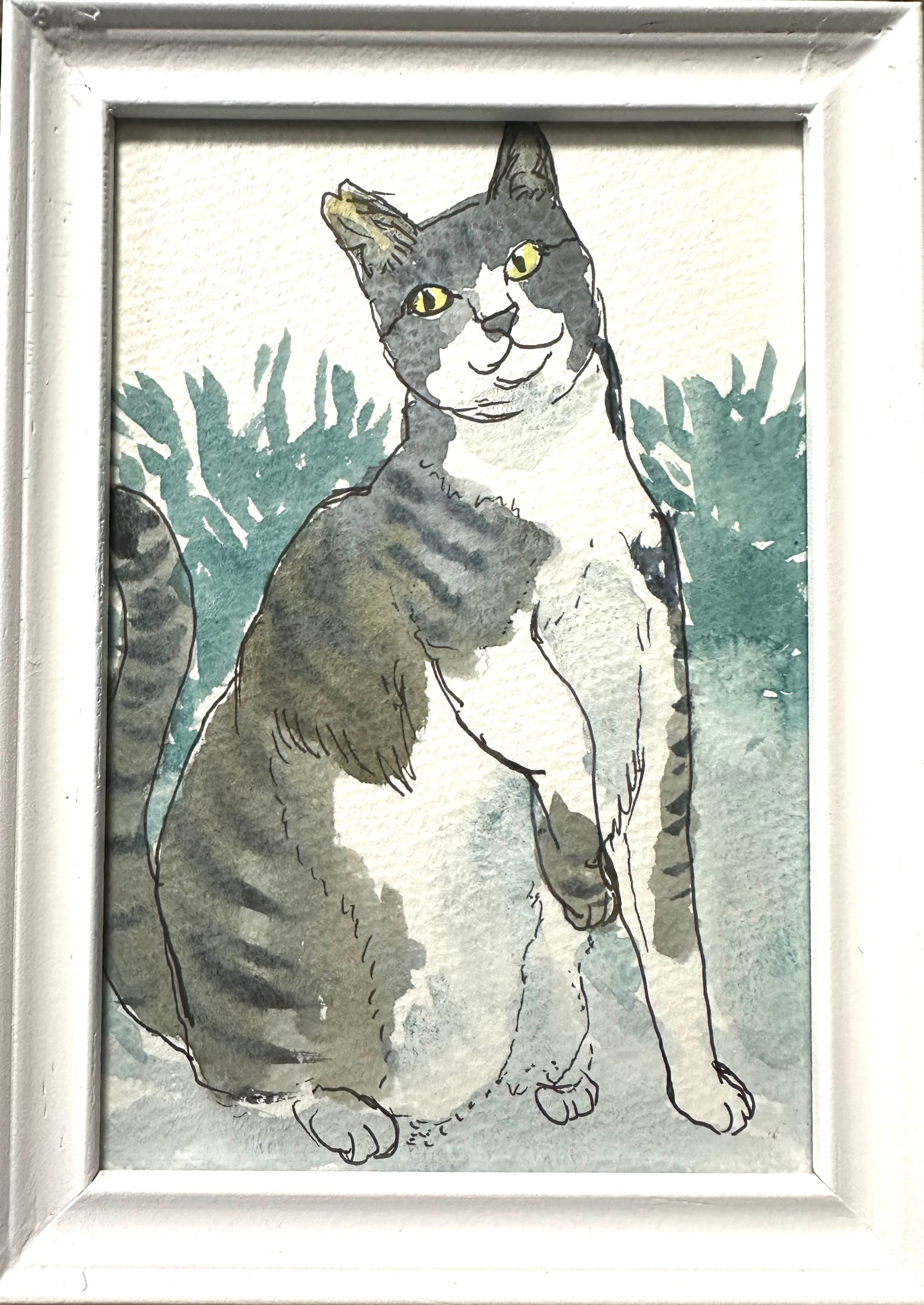 ペルシャ 猫 油絵 ミニ絵画 原画 手描き 額付き 猫 猫じゃらし 油絵