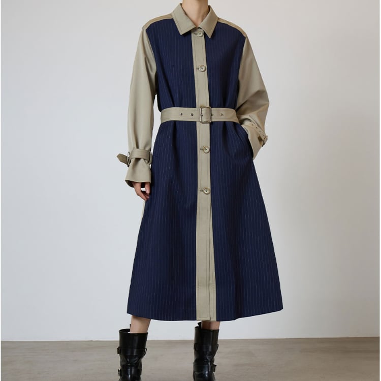 ストライプ柄 ロング丈 シャツカラー コートR30123