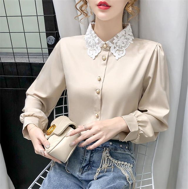 送料無料♡襟レース シャツ シンプル ゆるふわ 長袖 トップス 着回し◎華やかに(DM0168)