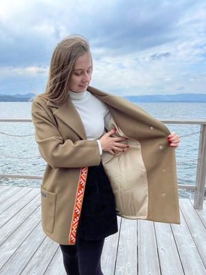 ウクライナ産カシミヤ100%ロングコート　手刺繍（モスグリーン）グラージュ・ニジンカ刺繍