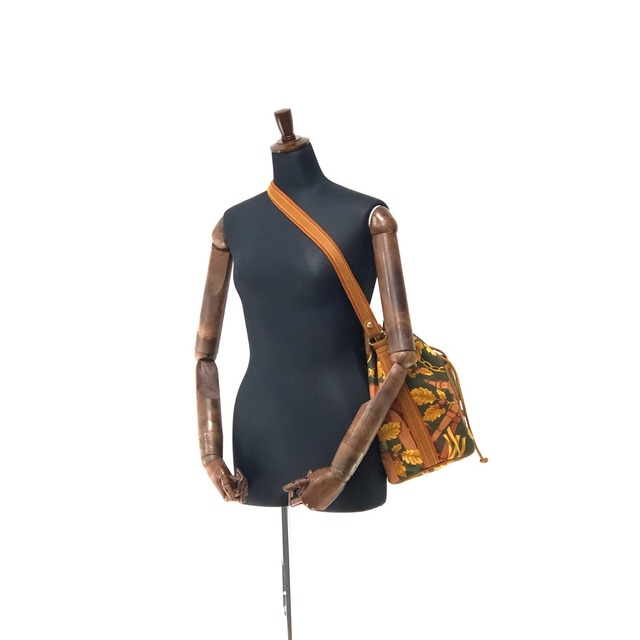 LOEWE ロエベ　アナグラム　総柄　巾着　ドローストリング　キャンバス×レザー　ショルダーバッグ　グリーン×ブラウン　vintage　ヴィンテージ　オールド　45a7dw
