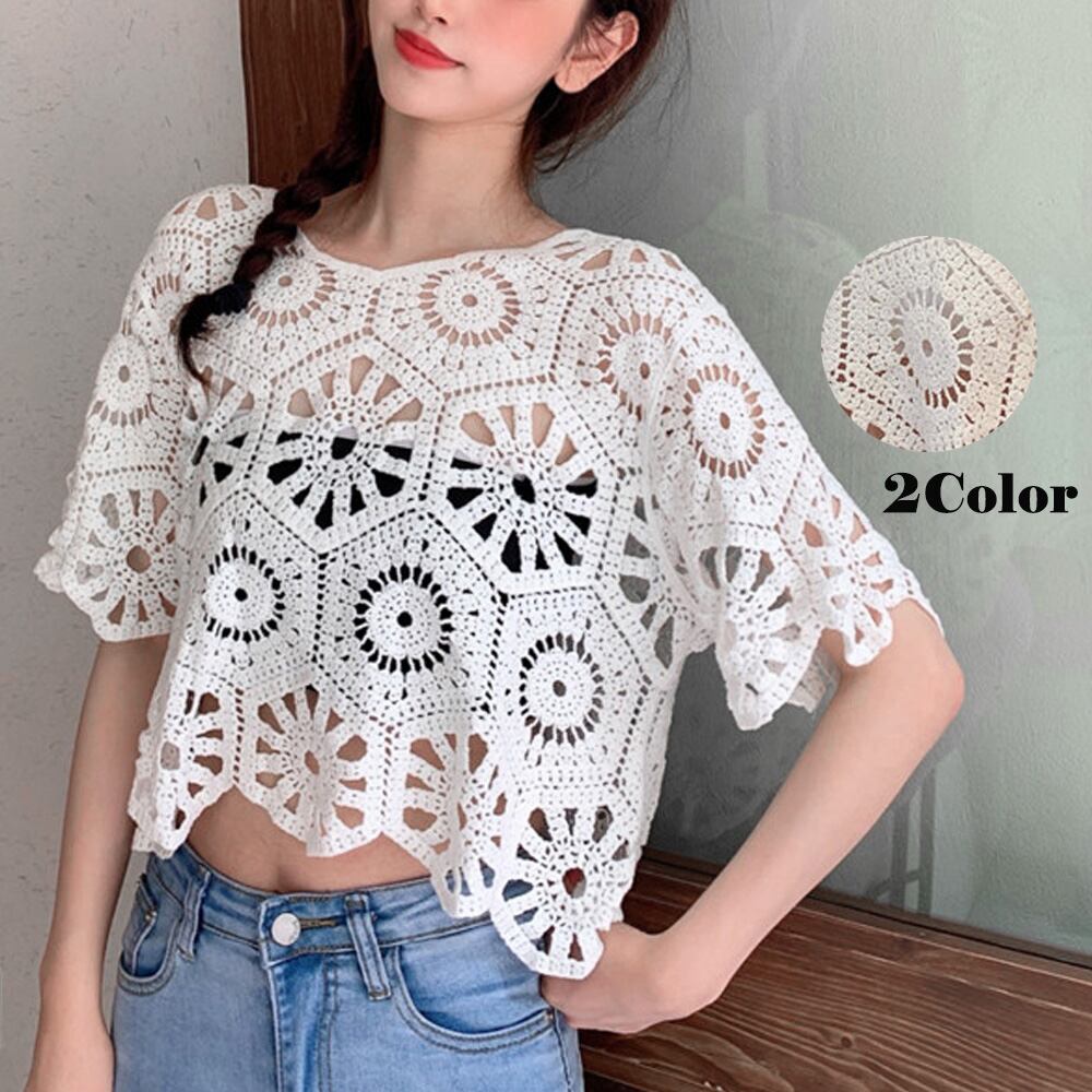 透かし編み トップス レディース 花柄