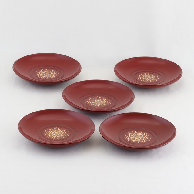 1523  輪島塗　銘々皿／丸線入形／本朱塗／小華沈金／五枚組