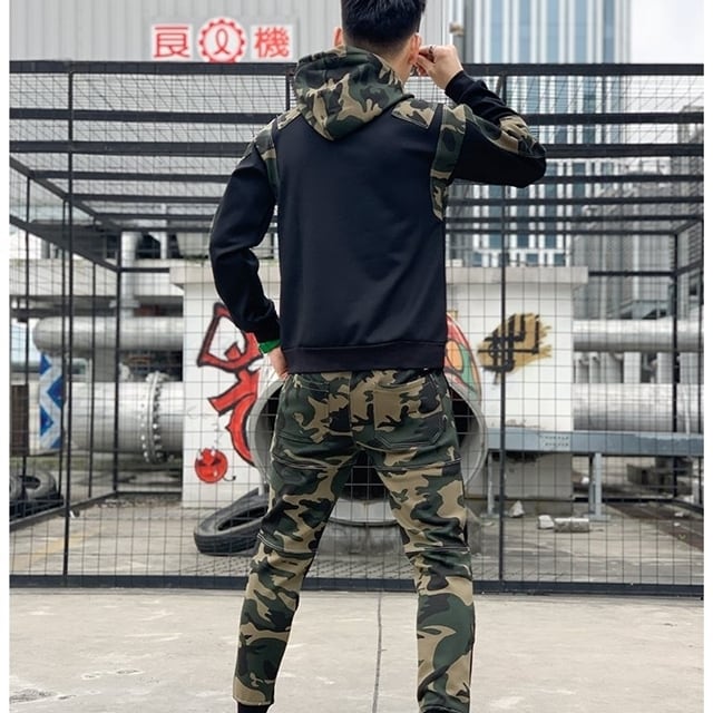 韓国 メンズ 秋冬 迷彩 カモフラ フード付き ジップ パーカー 長袖