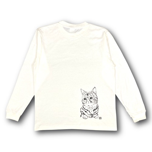 鬼辰カケル 長袖Tシャツ アイボリー 墨絵ニャンコ