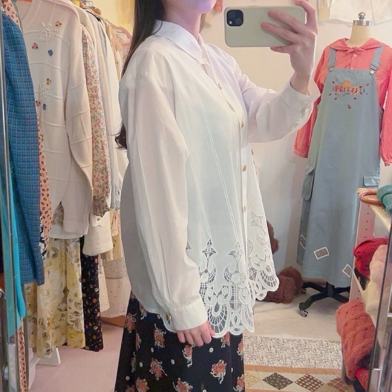 gold button hem lace blouse