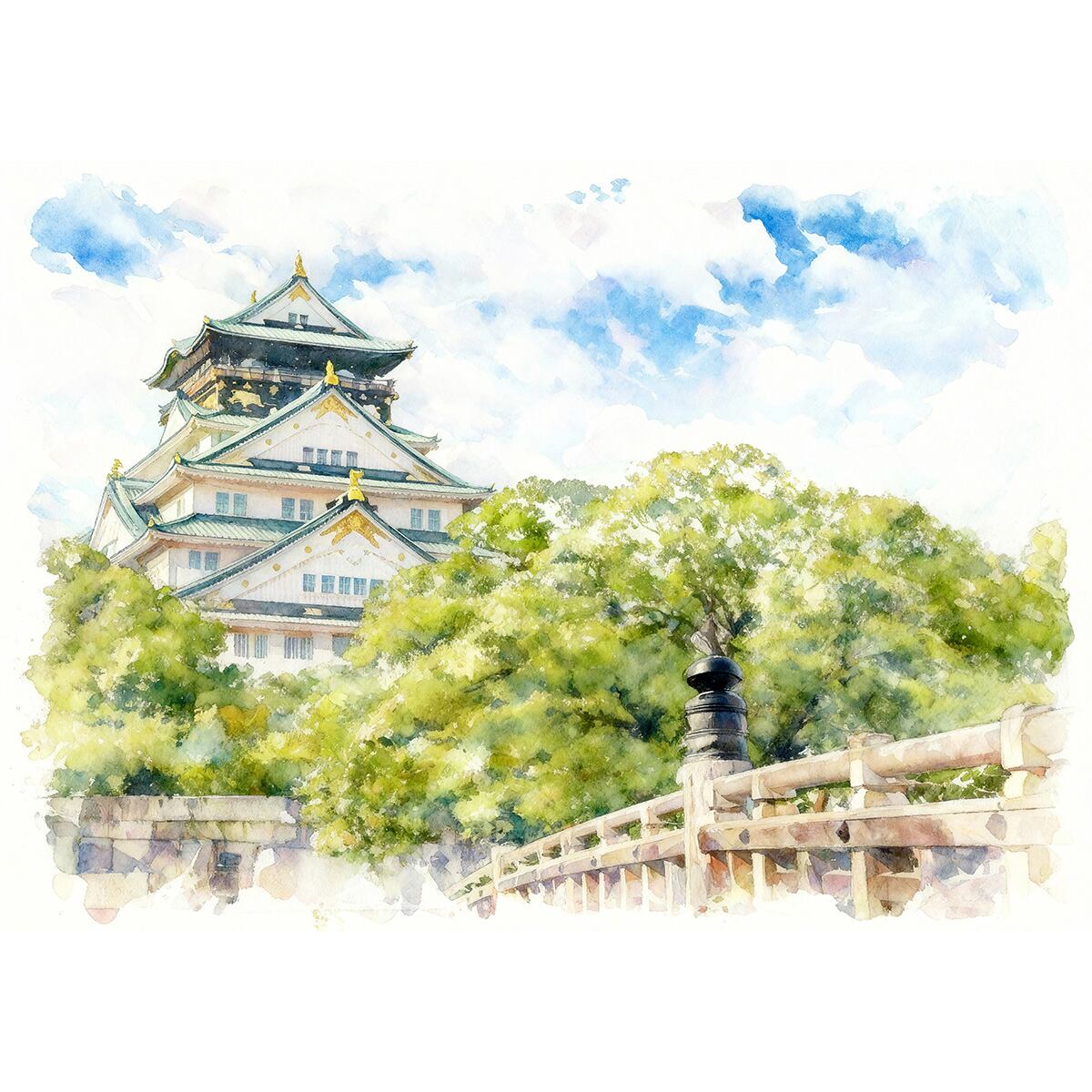 絵画 風景画 日本の城 大阪府大阪城 インテリアアート額付き 水彩画