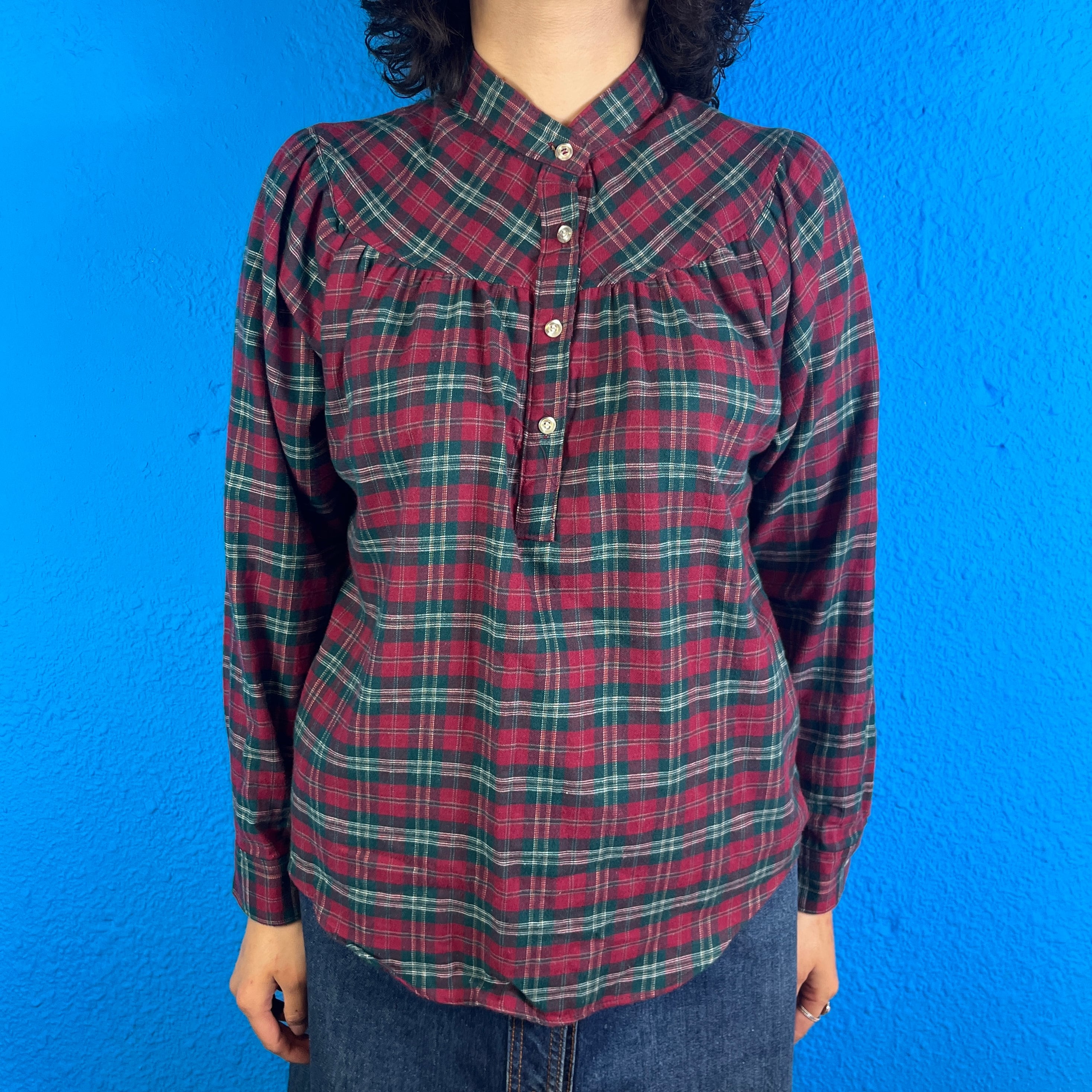 Lady's】70s Sears Red and Green Checked Collarless Blouse